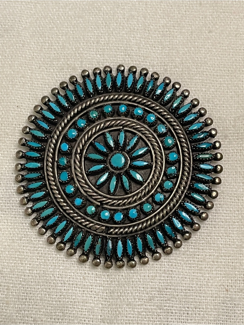 Vintage Signed Native Zuni Turquoise Sunburst Cluster Brooch Pin Sterling Silver